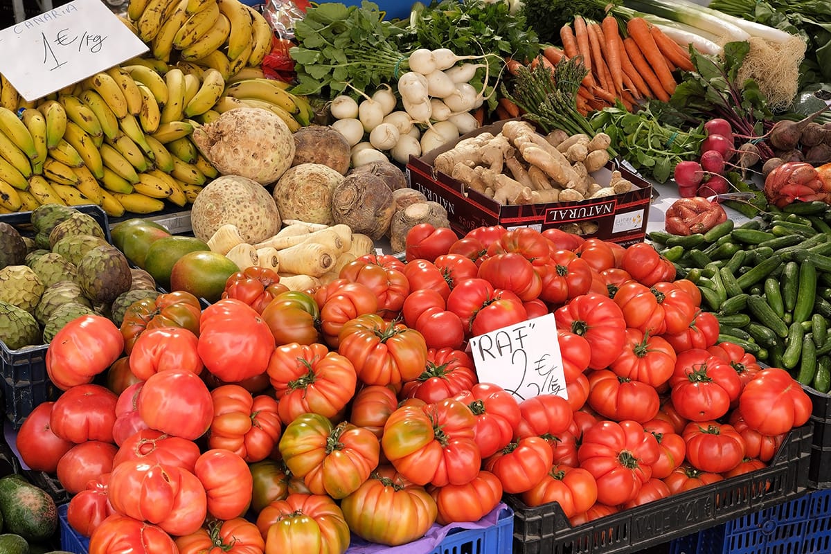 resh fruits and vegetables for sale in a local farmers market