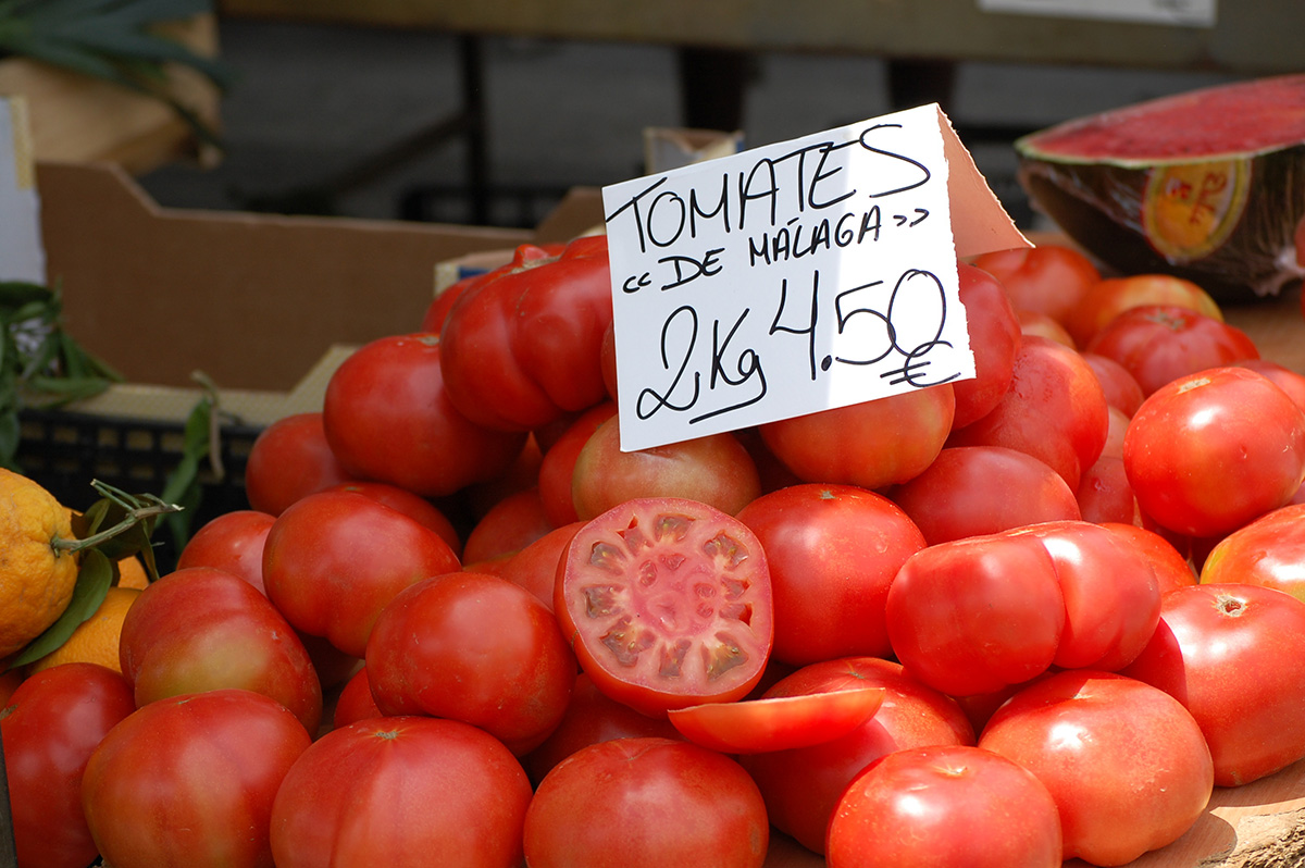 Fresh, juicy tomatoes from Málaga on sale at Marbella’s market