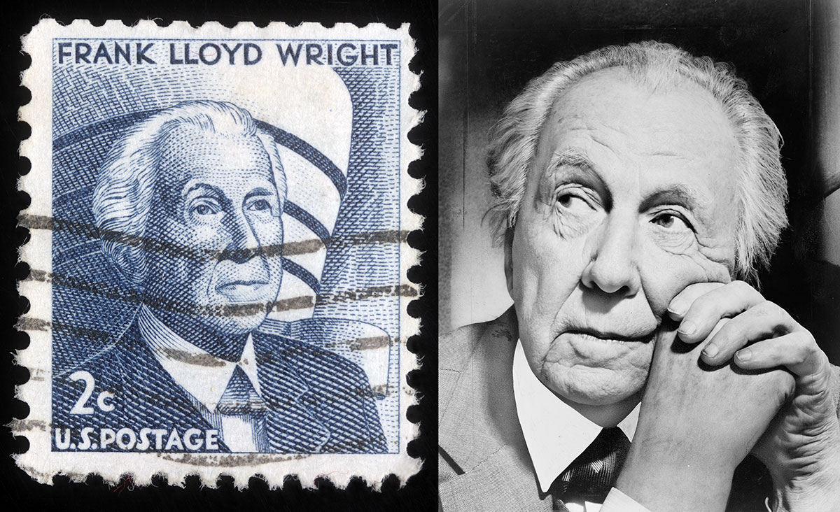 Portrait of Frank Lloyd Wright in 1954 and the US postage stamp made in his honour in 1965