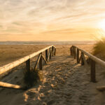 Wooden boardwalk leading down to beach at sunset