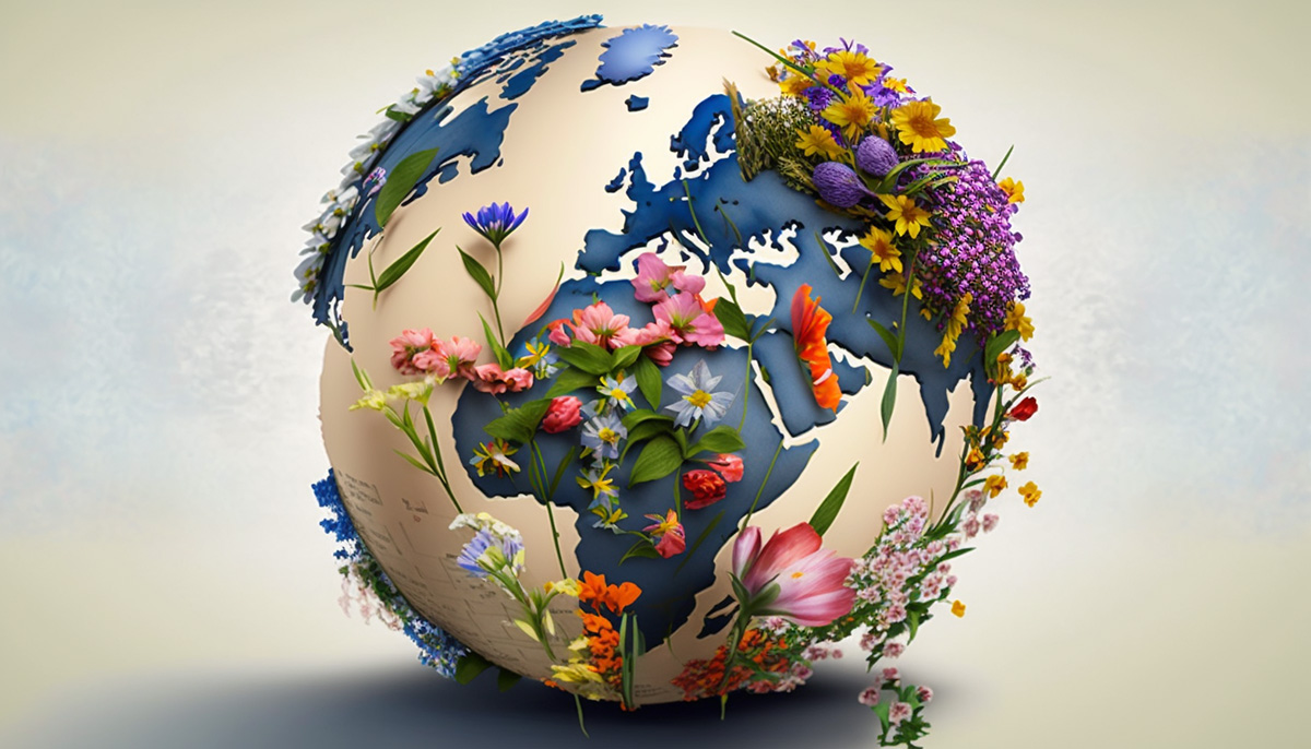 A globe covered in natural flowers