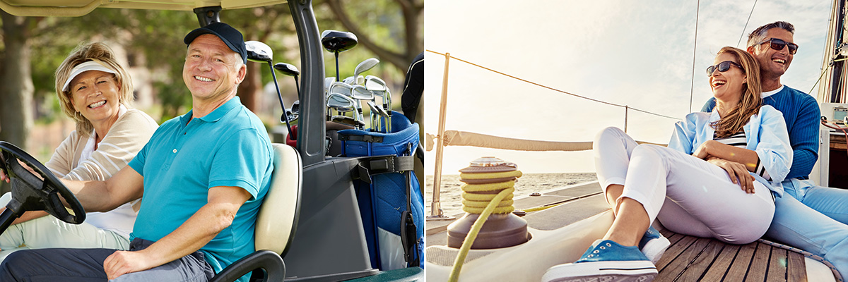 Couple on golf buggy and couple on sailing yacht deck.