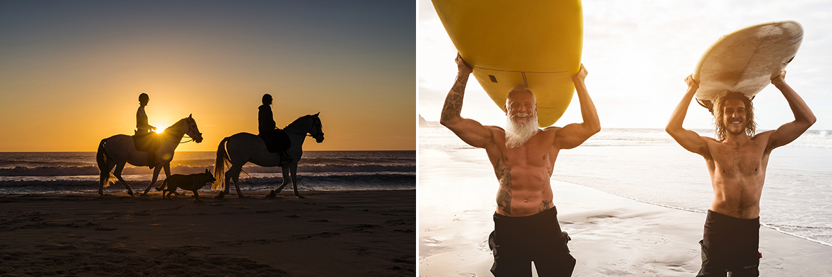Couple riding horses on the beach at sunset and Young and old man on the beach with surfboards on their heads