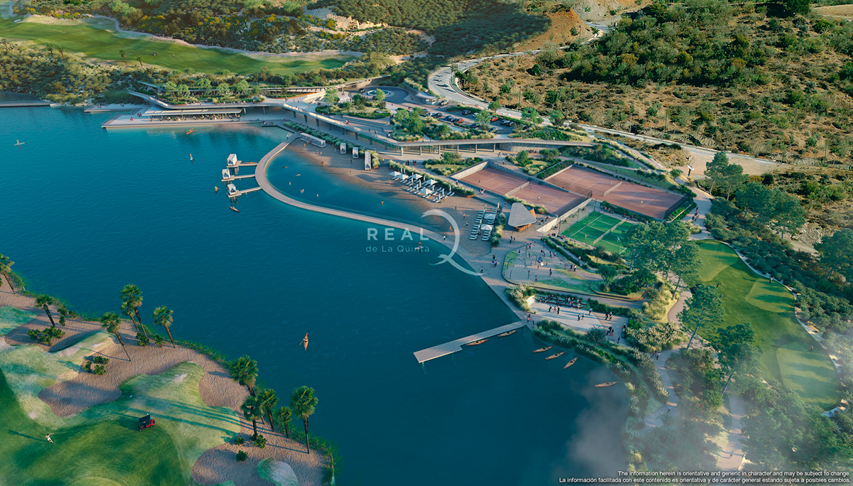 Aerial view of lake and amenities planned at Real de la Quinta
