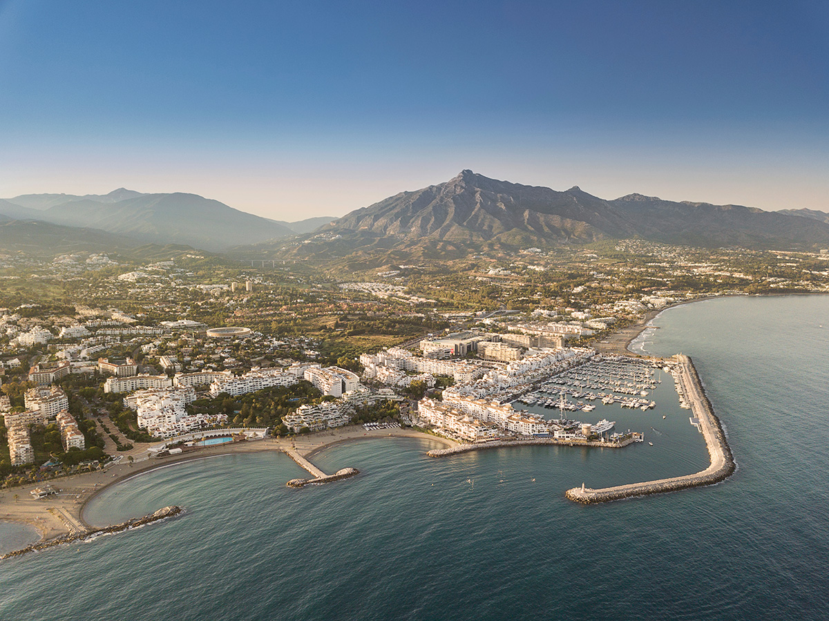 Aerial photo of Puerto Banus, Marbella and Concha mountain.